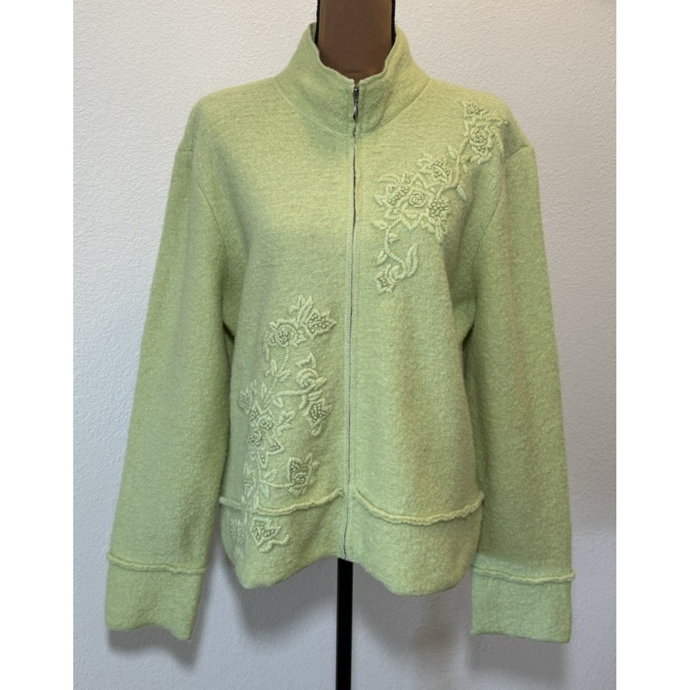 Coldwater Creek Women's XL Lime Green Wool Zip Sweater/Jacket Floral Embroidered